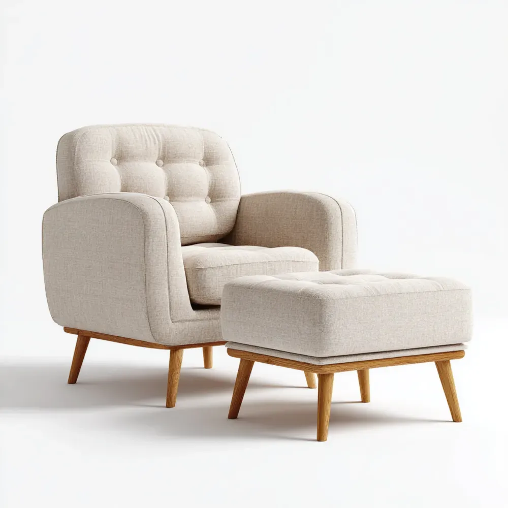ラウンジチェア 布製オットマン付き - ベージュ - モダンデザイン 85x90x90 cm