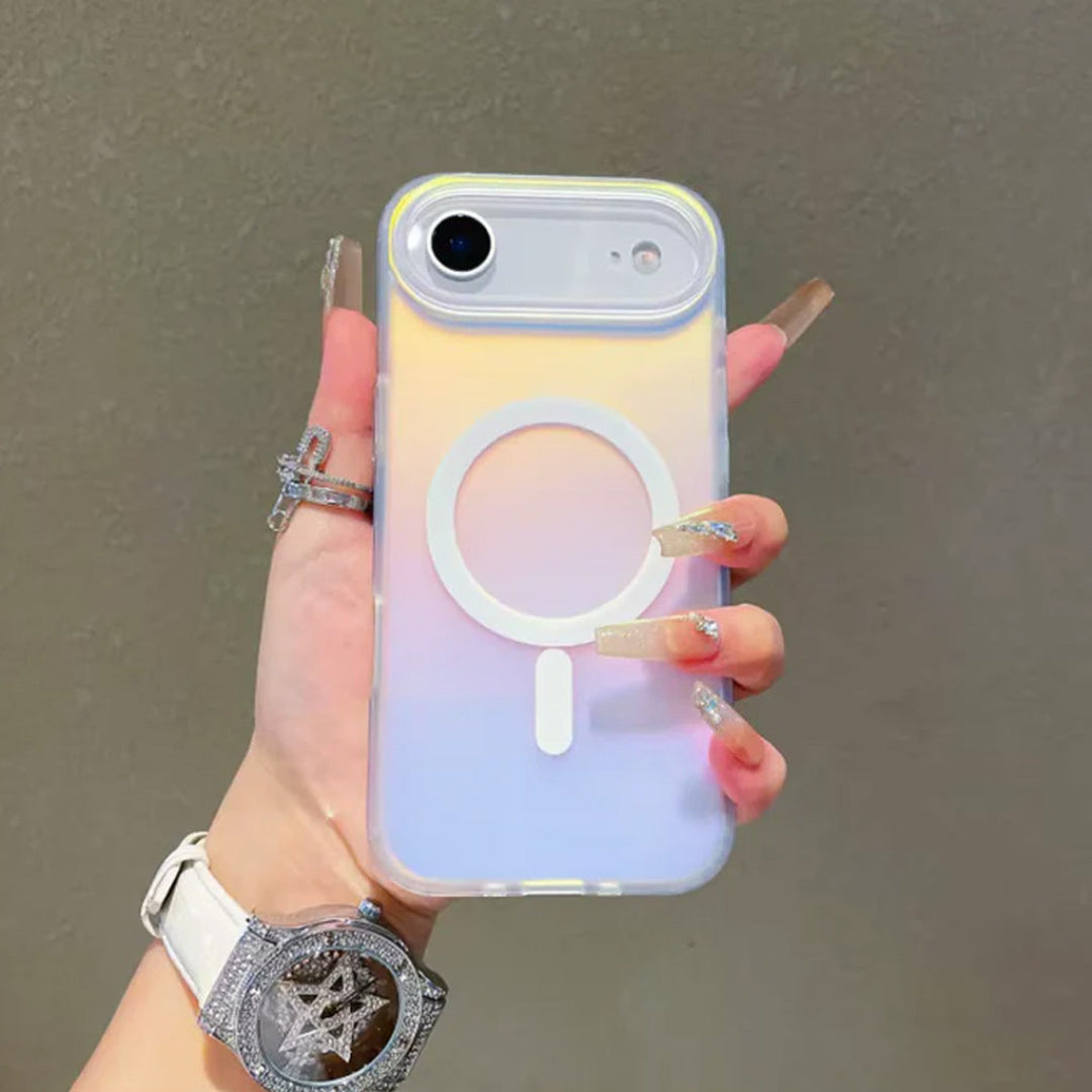 Hand holding a phone with a gradient case featuring a magnifying glass design against a plain background