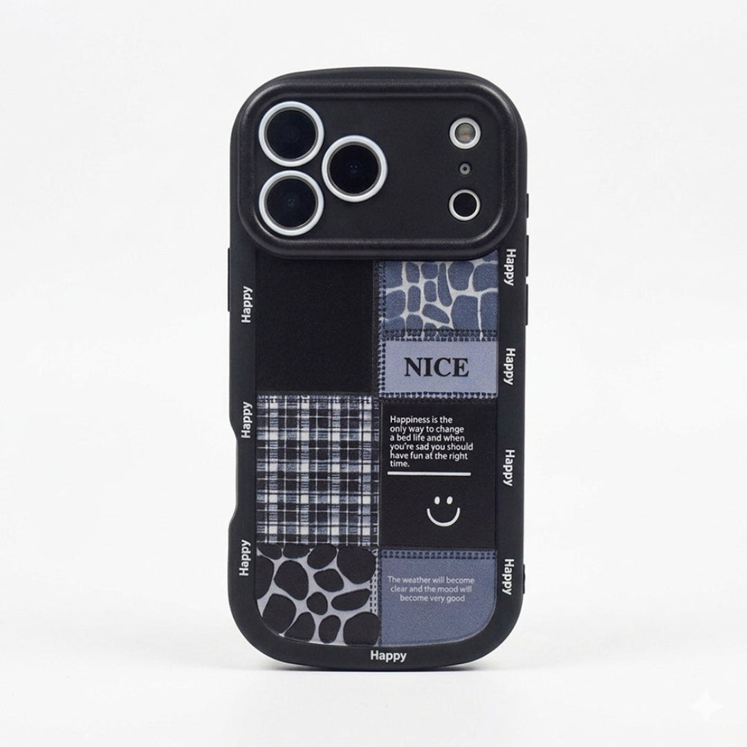 Phone case with patchwork design and text on a white background