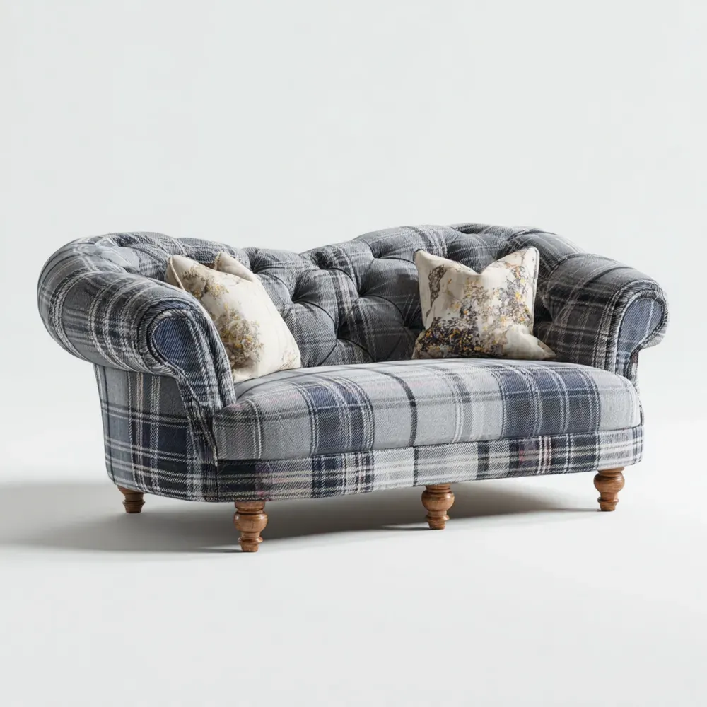 2人掛けソファ チェスターフィールド チェック柄 150x85x75 cm - グレー/ネイビー - クラシックスタイル
