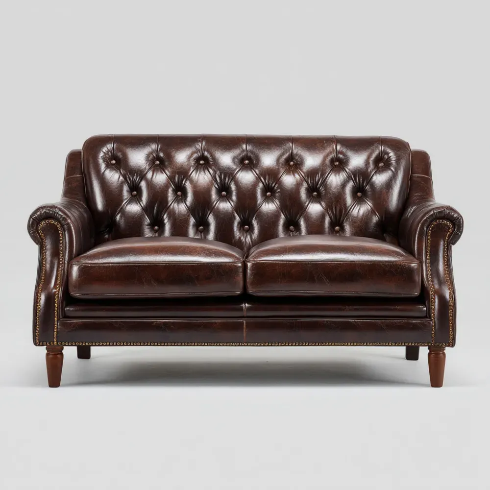 ソファ 2人掛け レザー 145x90x80 cm - ダークブラウン - クラシックスタイル
