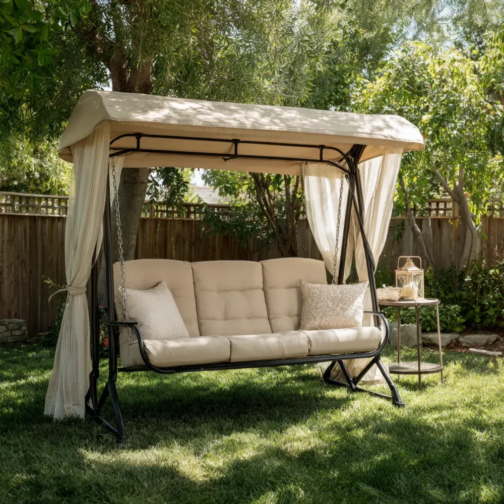ガーデンスイングチェア 天蓋付き スチールフレーム 200x120x170 cm – ベージュ – 屋外用