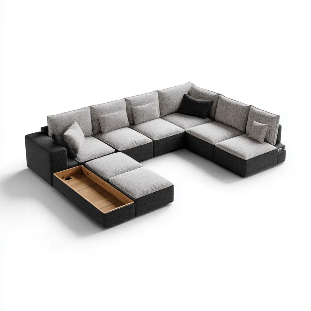 コーナーソファセット 布製 300x240x80 cm – グレー/ブラック – モダンストレージ機能