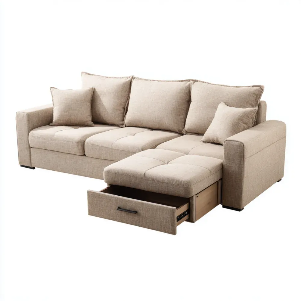 コーナーソファ ベージュ 収納付 リネン調 200x140x85 cm - モダンデザイン