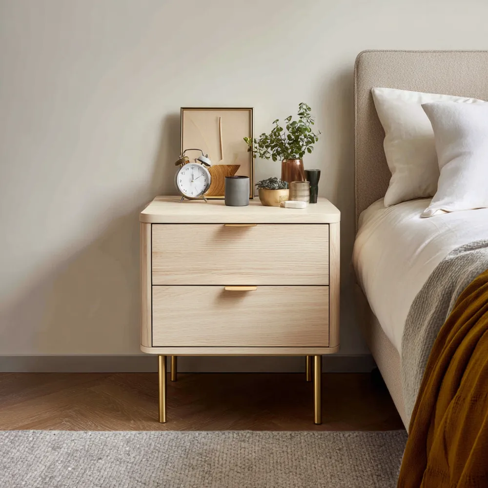 木製ナイトテーブル 引き出し付き ベージュ 45x35x60 cm – シンプルデザイン
