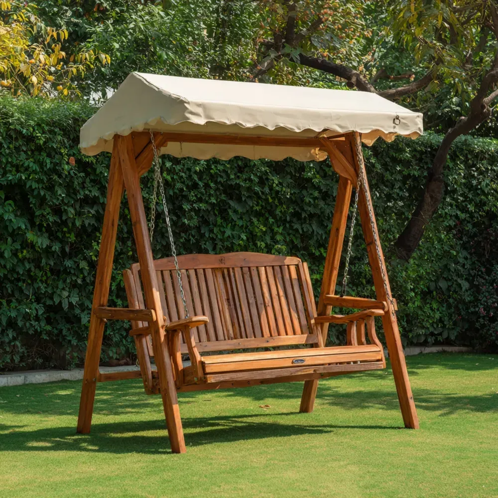 ガーデンスイングチェア 木製 150x120x170 cm – ナチュラルブラウン – 屋外用