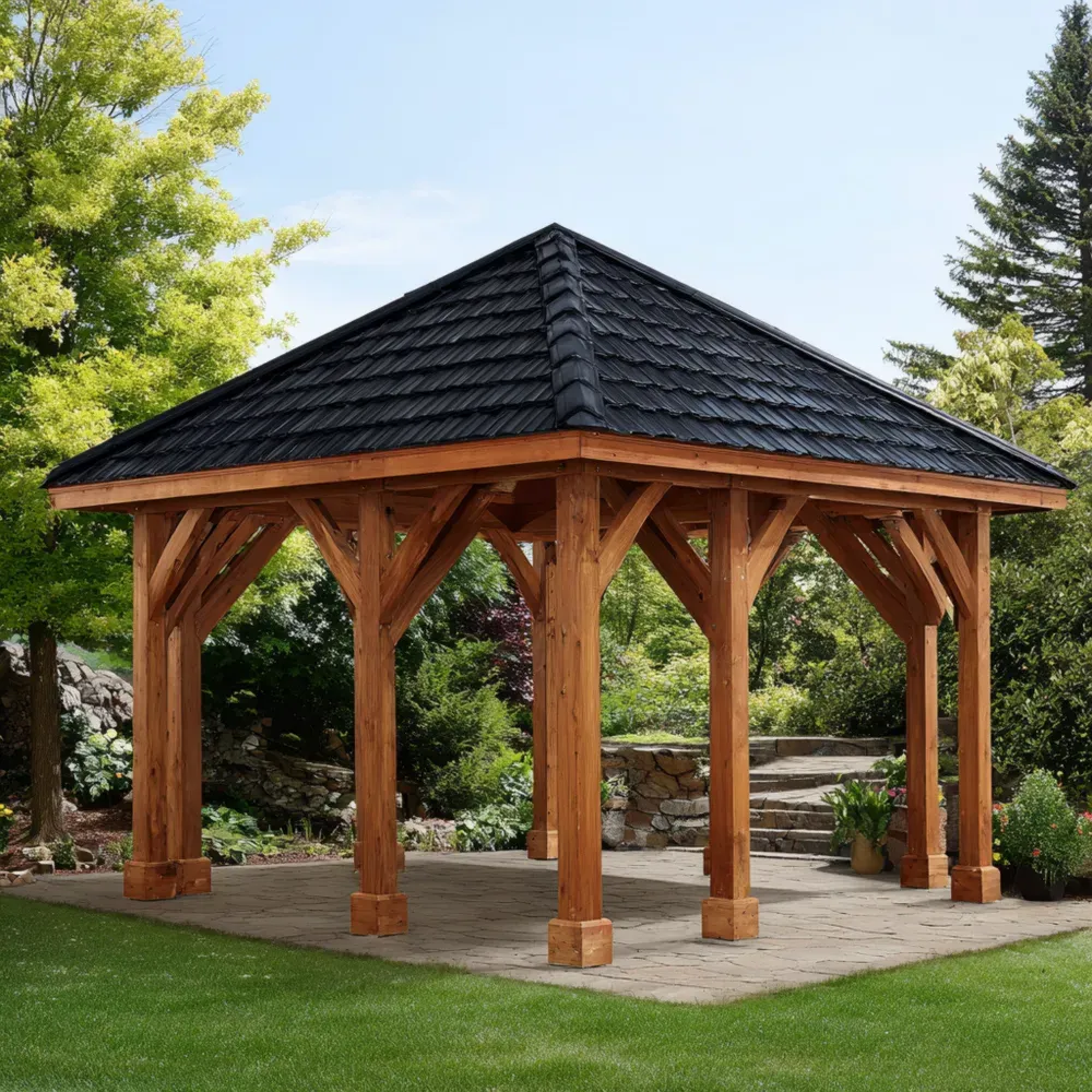 ガゼボ 木製 防水 300x300x250 cm – ブラック屋根 – 屋外用