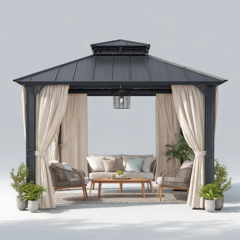 アルミニウム製ガゼボ 3x3x2.7m 防水カーテン付き – アイボリー