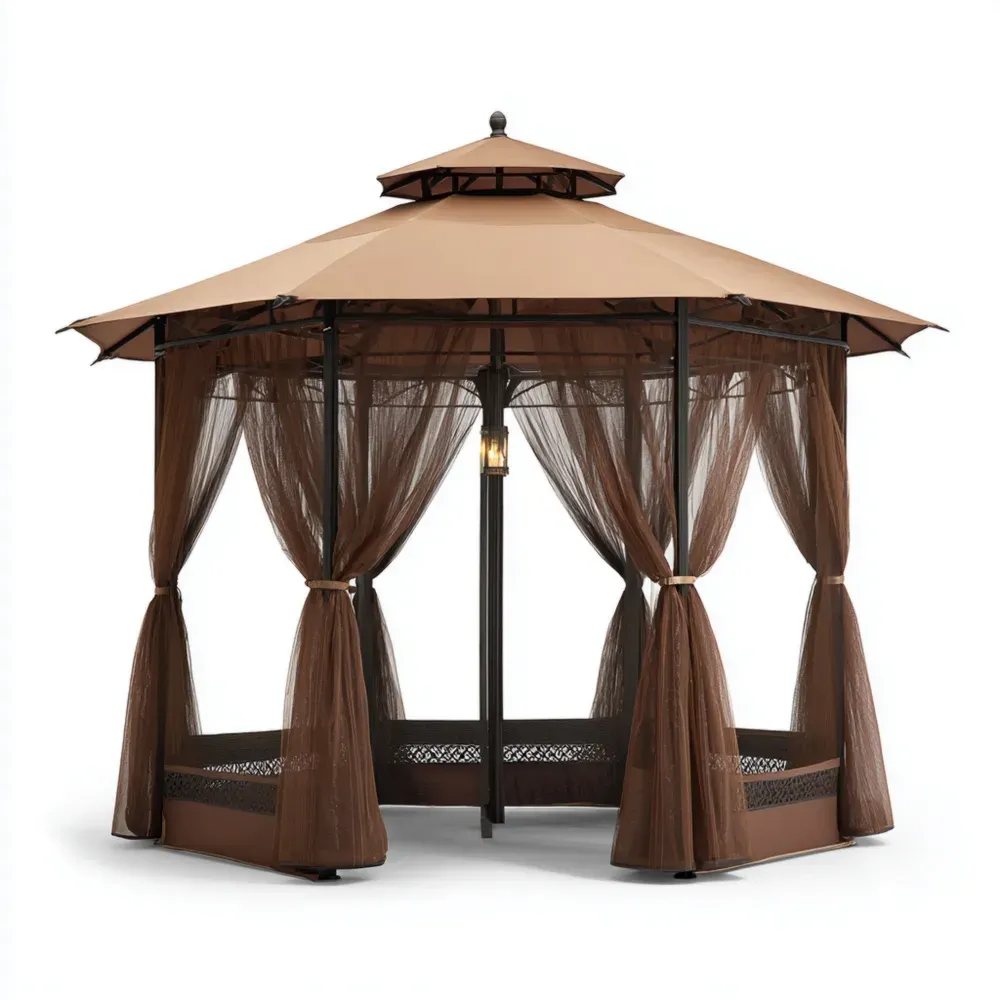 ガゼボ メッシュカーテン付き スチール製 300x300x270 cm – ブラウン – 屋外用