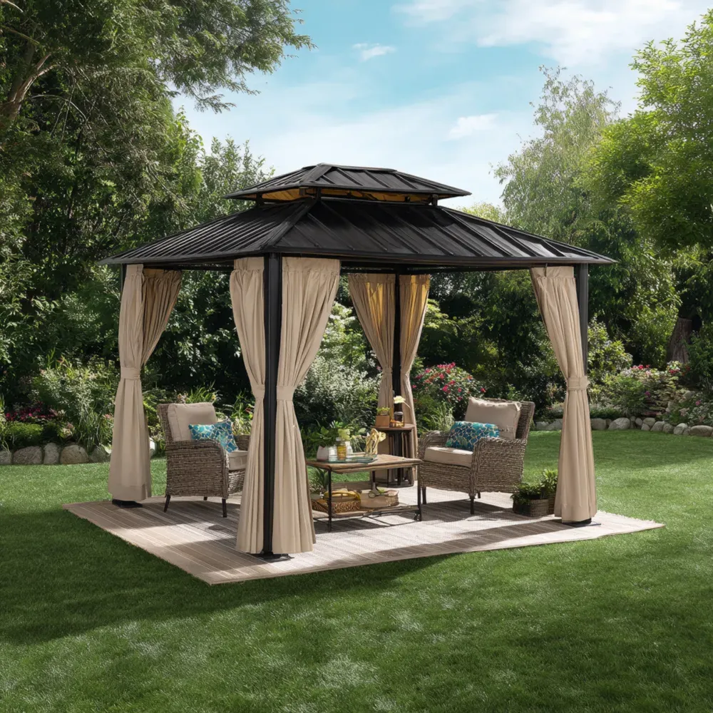 ガゼボ メタルフレーム カーテン付き 400x300x250 cm – ベージュ – UV保護