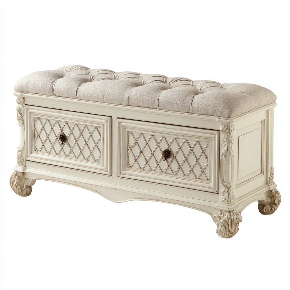 収納付きベッドエンドベンチ 木製フレーム 120x50x60 cm – ベージュ – クラシックスタイル