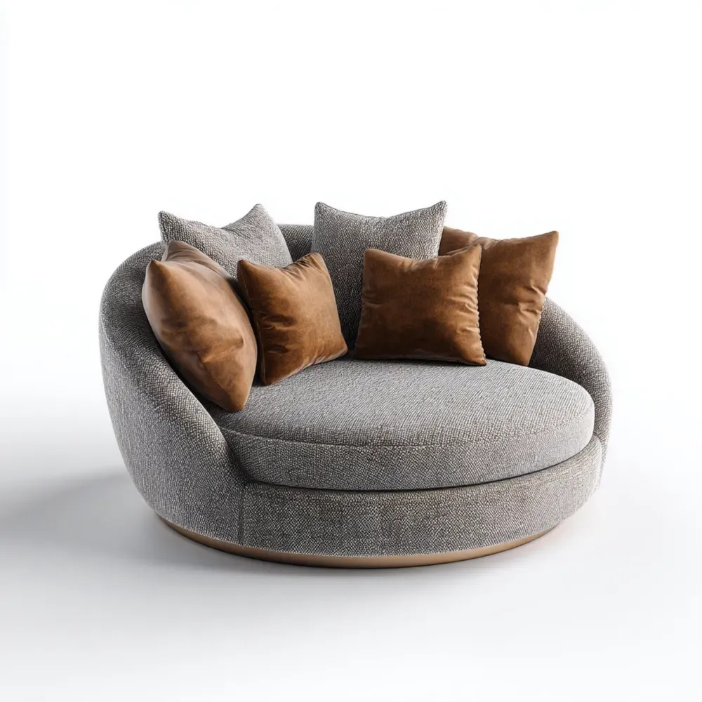 ラウンジチェア 丸型 ファブリック 直径140cm グレー/ブラウン クッション付き モダンデザイン