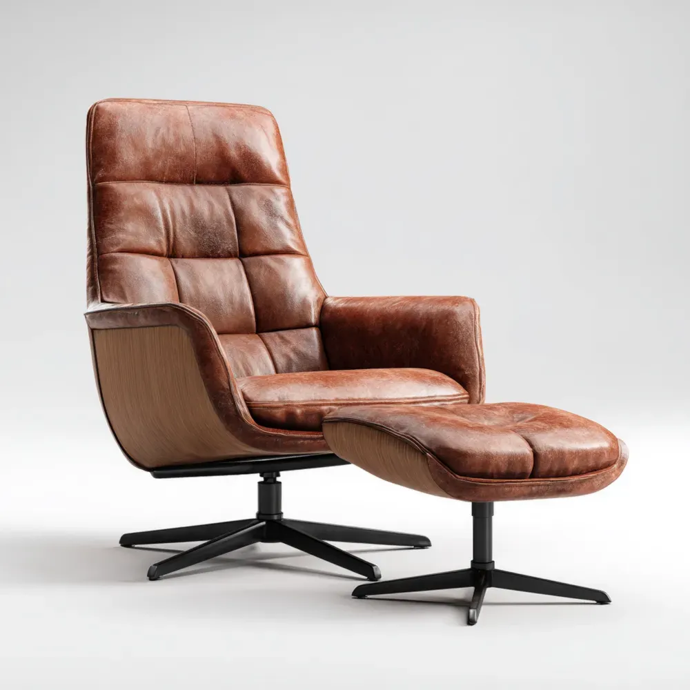 ラウンジチェア レザー キャメルブラウン オットマン付き 110x80x85 cm