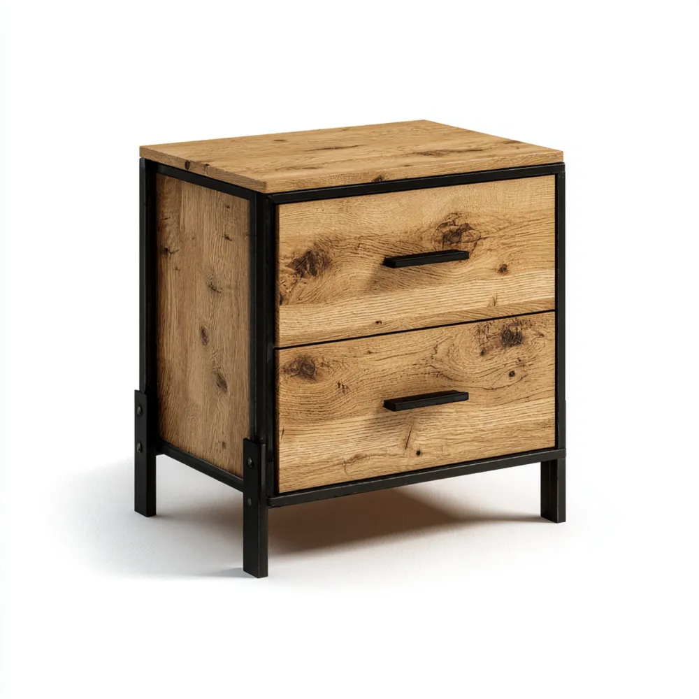 ナイトテーブル 木製 2引き出し 45x40x55 cm – ナチュラルウッド/ブラック – インダストリアルスタイル