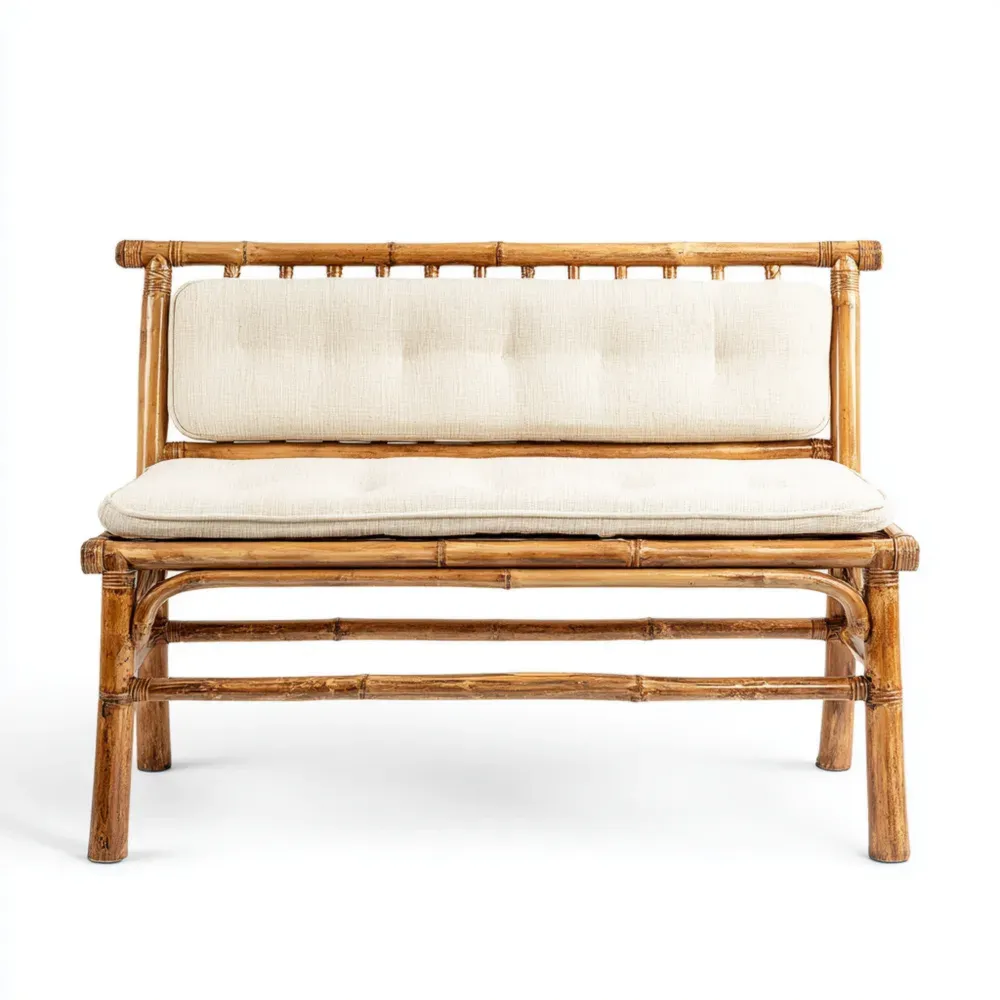 ガーデンベンチ 天然竹材 120x60x80 cm – アイボリークッション – ボヘミアンスタイル