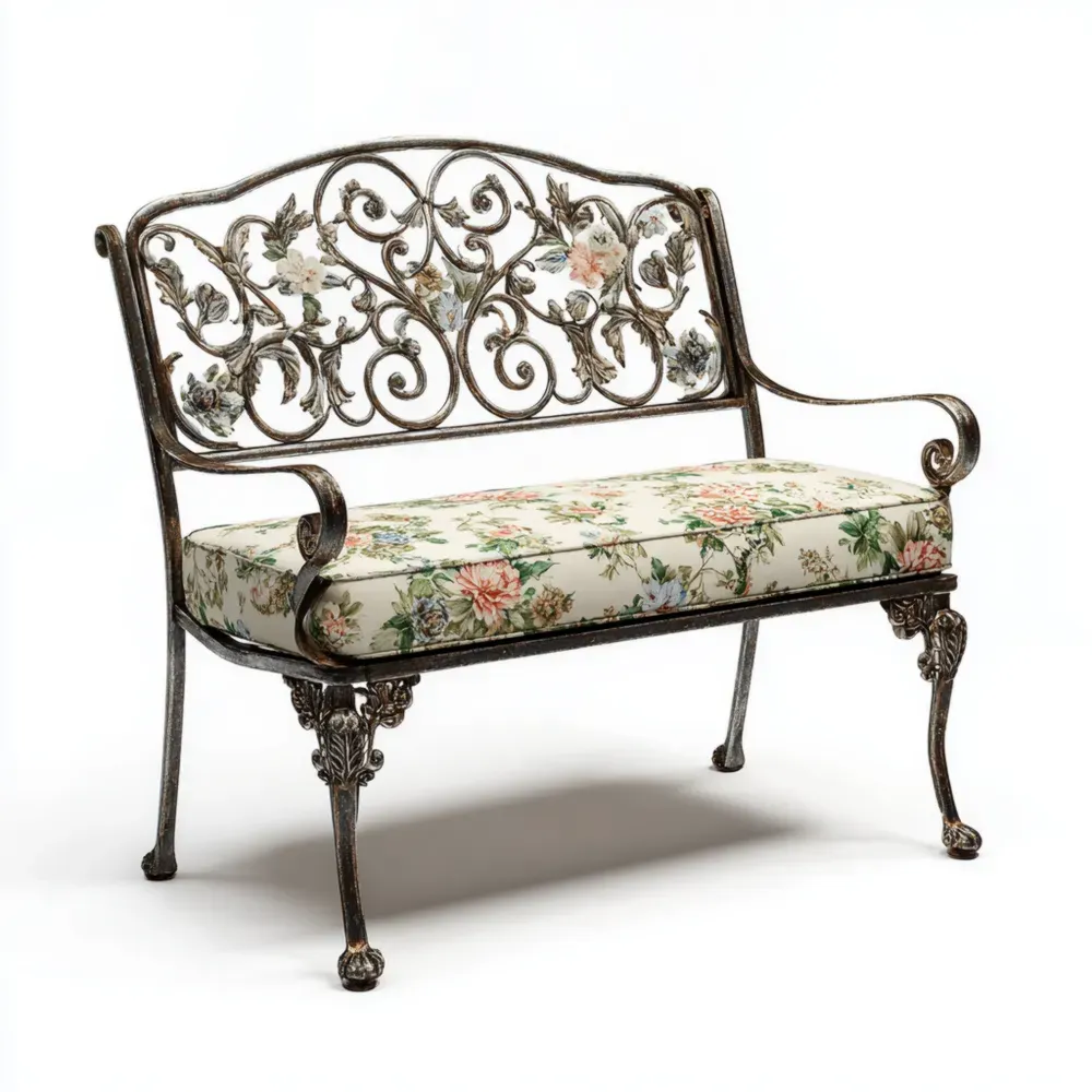 ガーデンベンチ アルミ鋳物 120x60x90 cm – フローラル柄クッション – ビンテージスタイル
