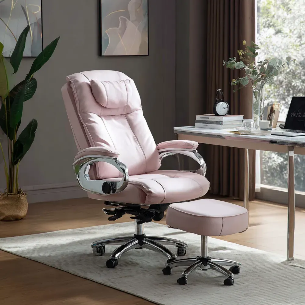リクライニングチェア 人工革 70x85x115 cm ピンク – オットマン付き
