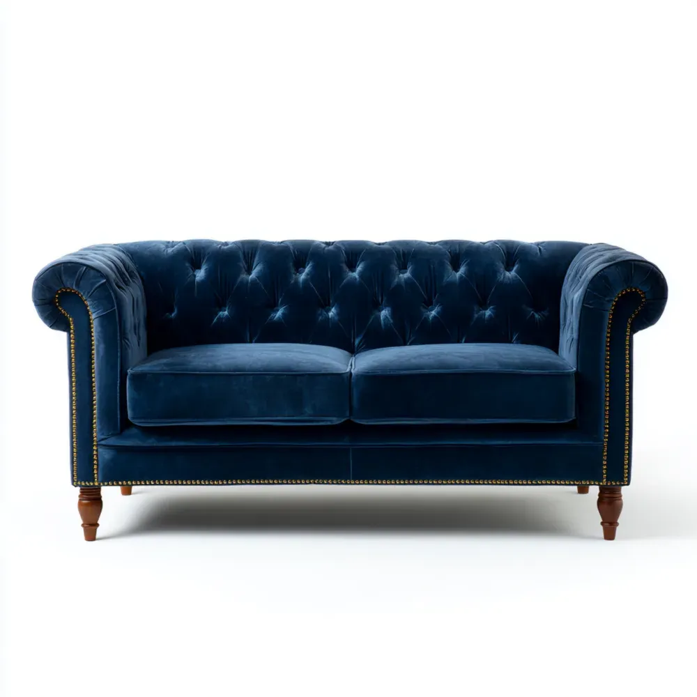 ソファ チェスターフィールド ベルベット 150x85x75 cm – ネイビー – クラシックデザイン