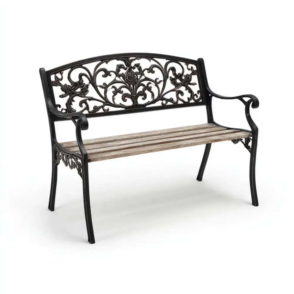 ガーデンベンチ 鋳鉄 木製 125x60x80cm - ブラック/ウッド