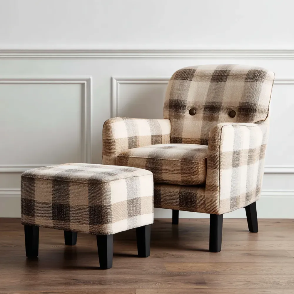 ラウンジチェア チェック柄 布張り 75x80x85 cm – ベージュ/ブラウン – 伝統的なスタイル
