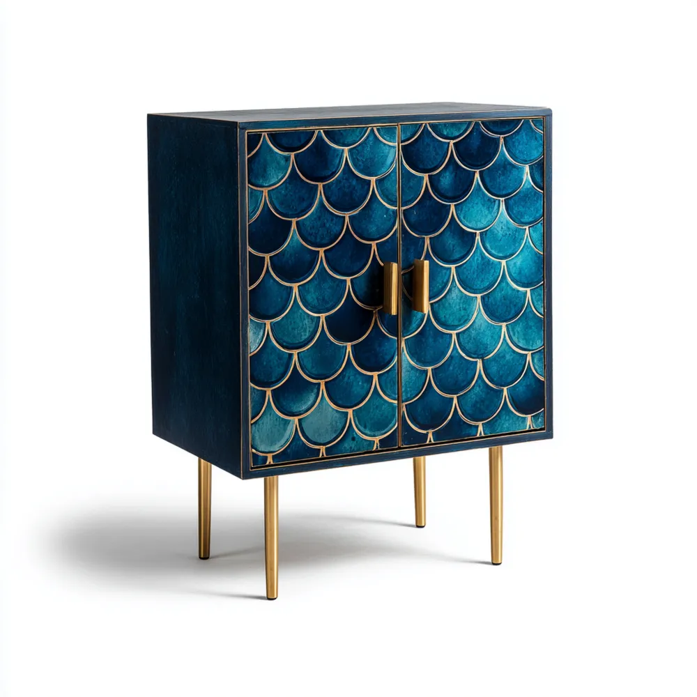 キャビネット 木製 80x40x110 cm – ブルー/ゴールド – モダンデザイン