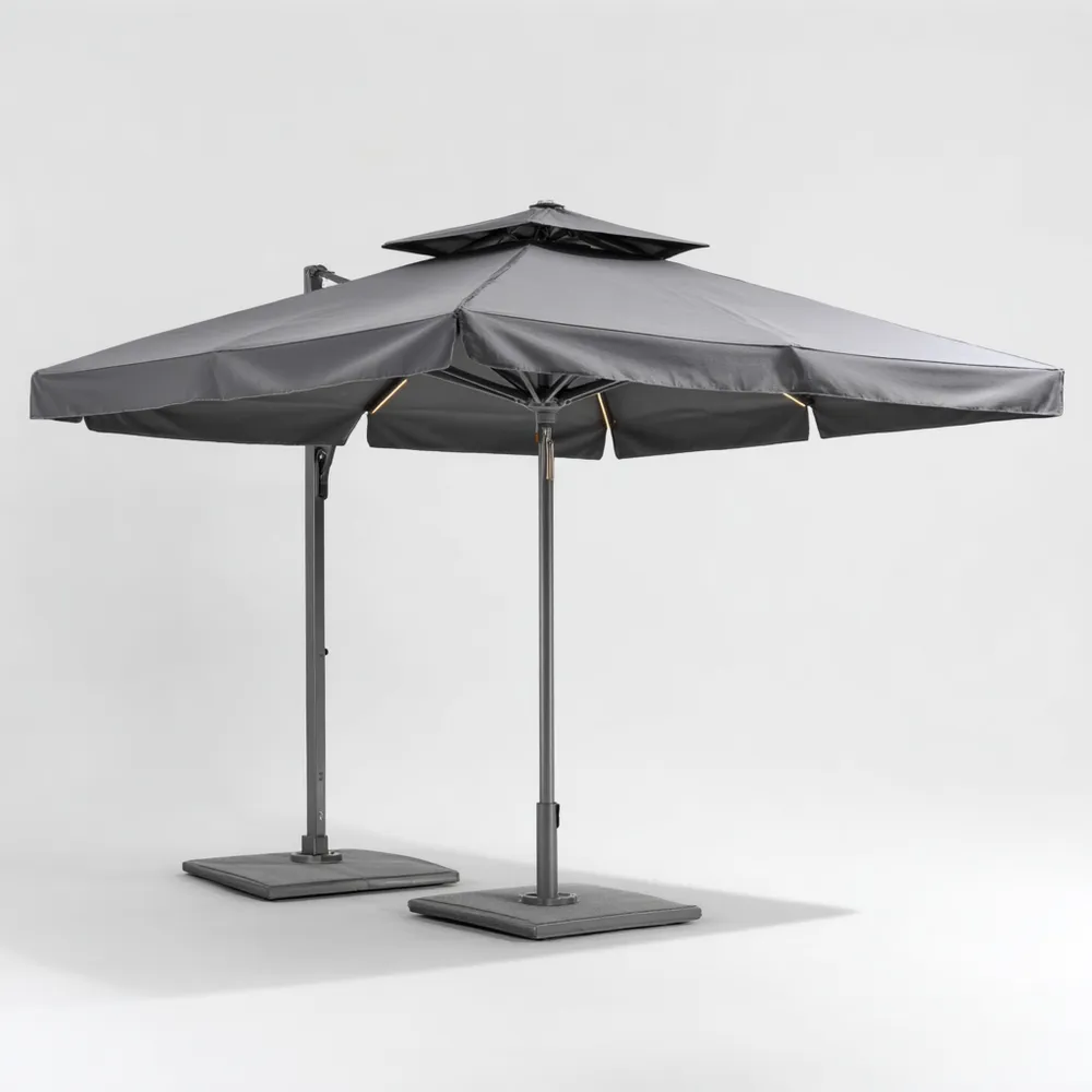 ダブルガーデンパラソル メタルベース付き グレー 防水機能 3.5m x 2.4m-Vintagehomeeu