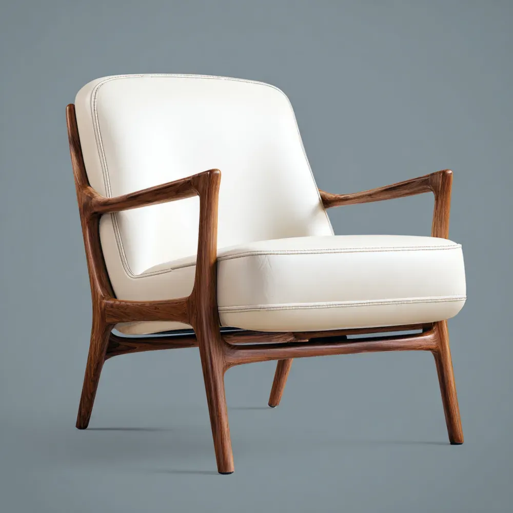 アームチェア 木製フレーム 合皮座面 - 80x75x85cm - アイボリー - ミッドセンチュリーデザイン