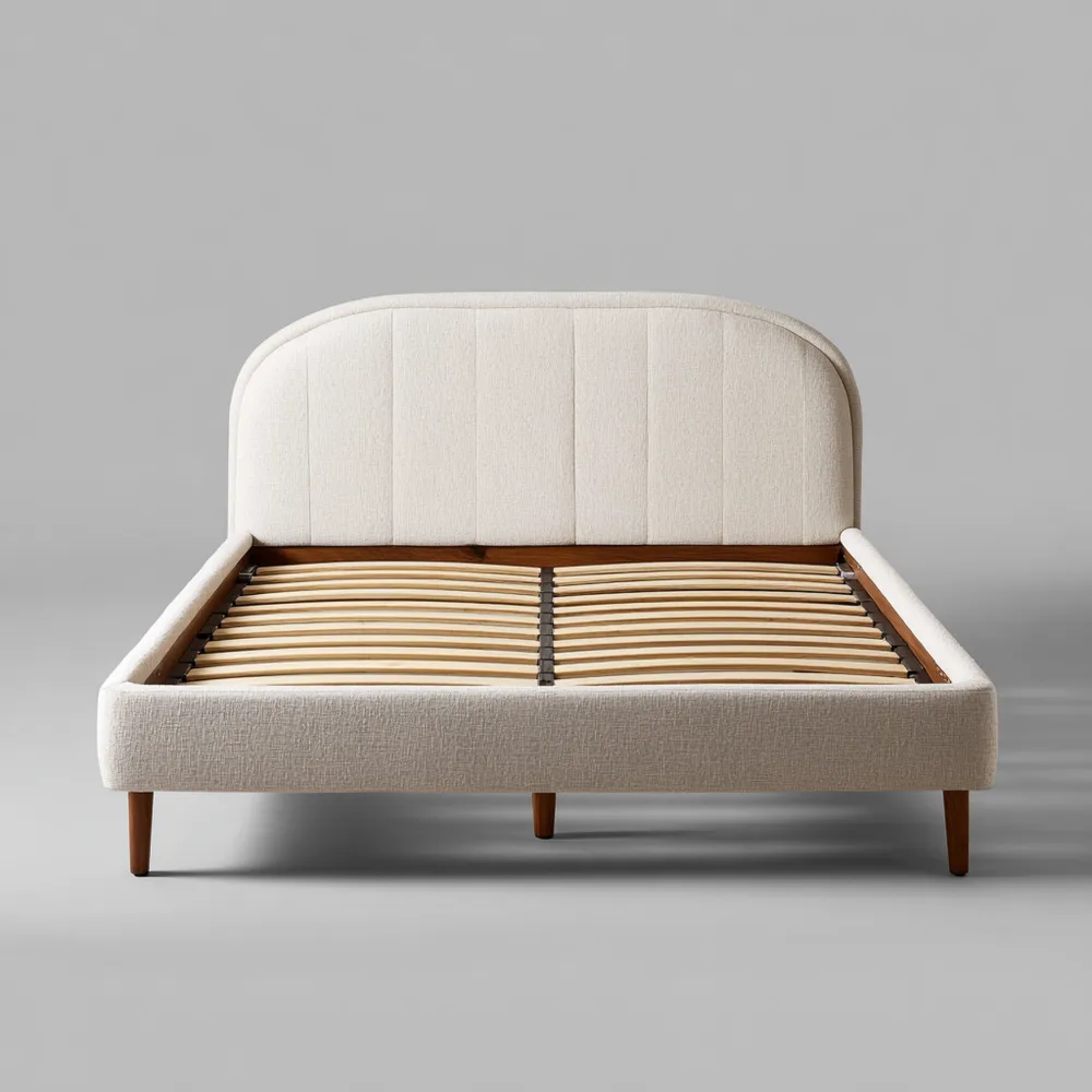 キングサイズ ベッドフレーム 布張り ナチュラルウッド脚 - ベージュ 210x190x100 cm