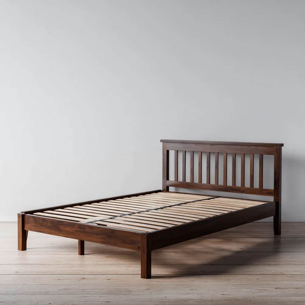 木製ベッドフレーム ダブル 200x140x35cm – ウォールナット仕上げ – モダンデザイン