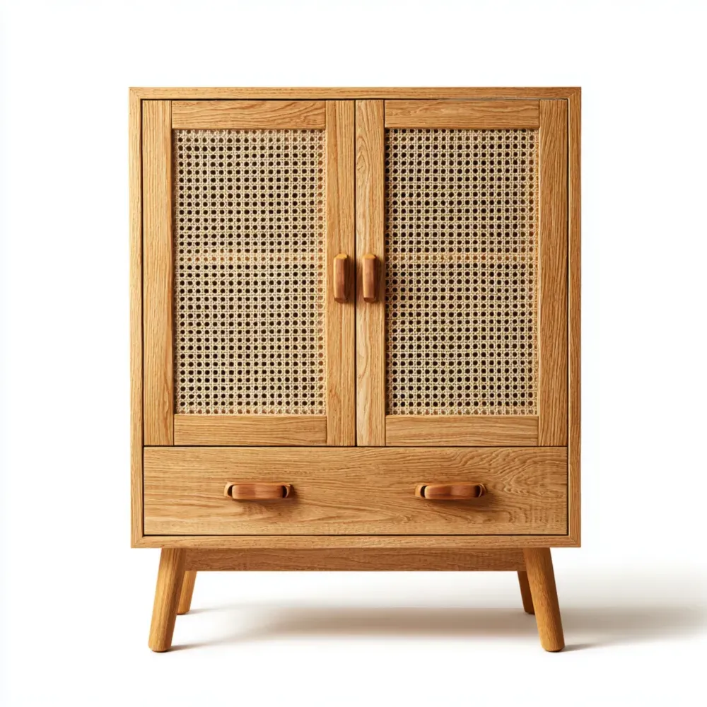 収納キャビネット 天然木 90x40x100 cm ナチュラルラタンデザイン