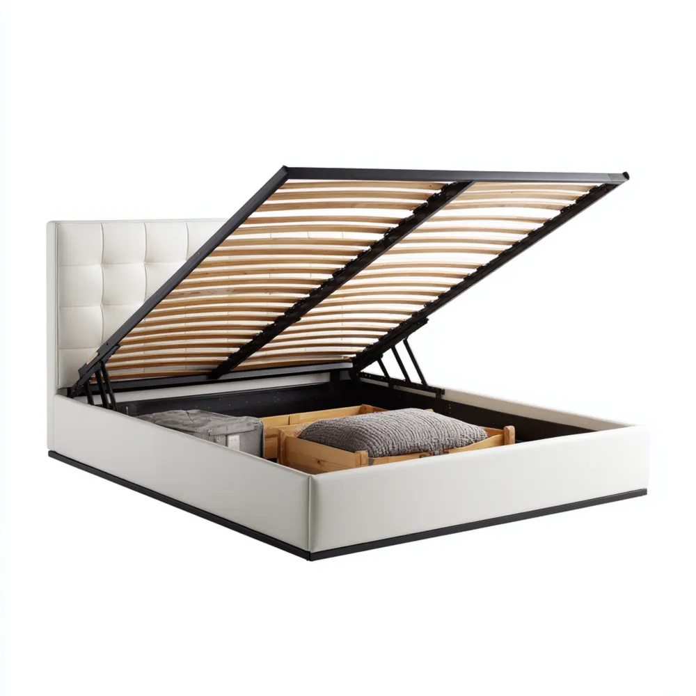 ガス圧昇降ベッドフレーム 200x160x30 cm 合成皮革 ホワイト 収納機能付き