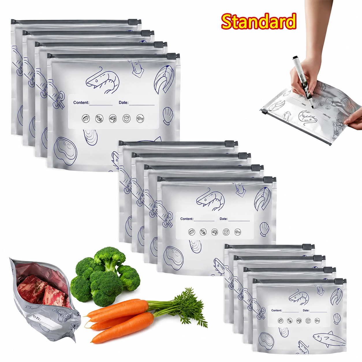 New reusable upgraded thickened upright aluminum foil sealing storage bags, with labels and zipper locks