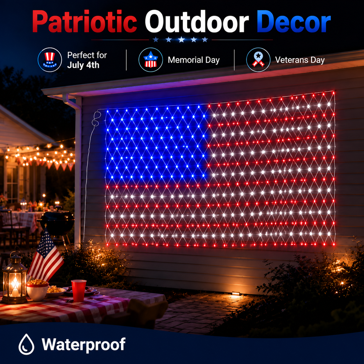 Solar Powered LED American Flag – Illuminated Waterproof Patriotic Outdoor Flag for Garage, Porch & Garden Decor