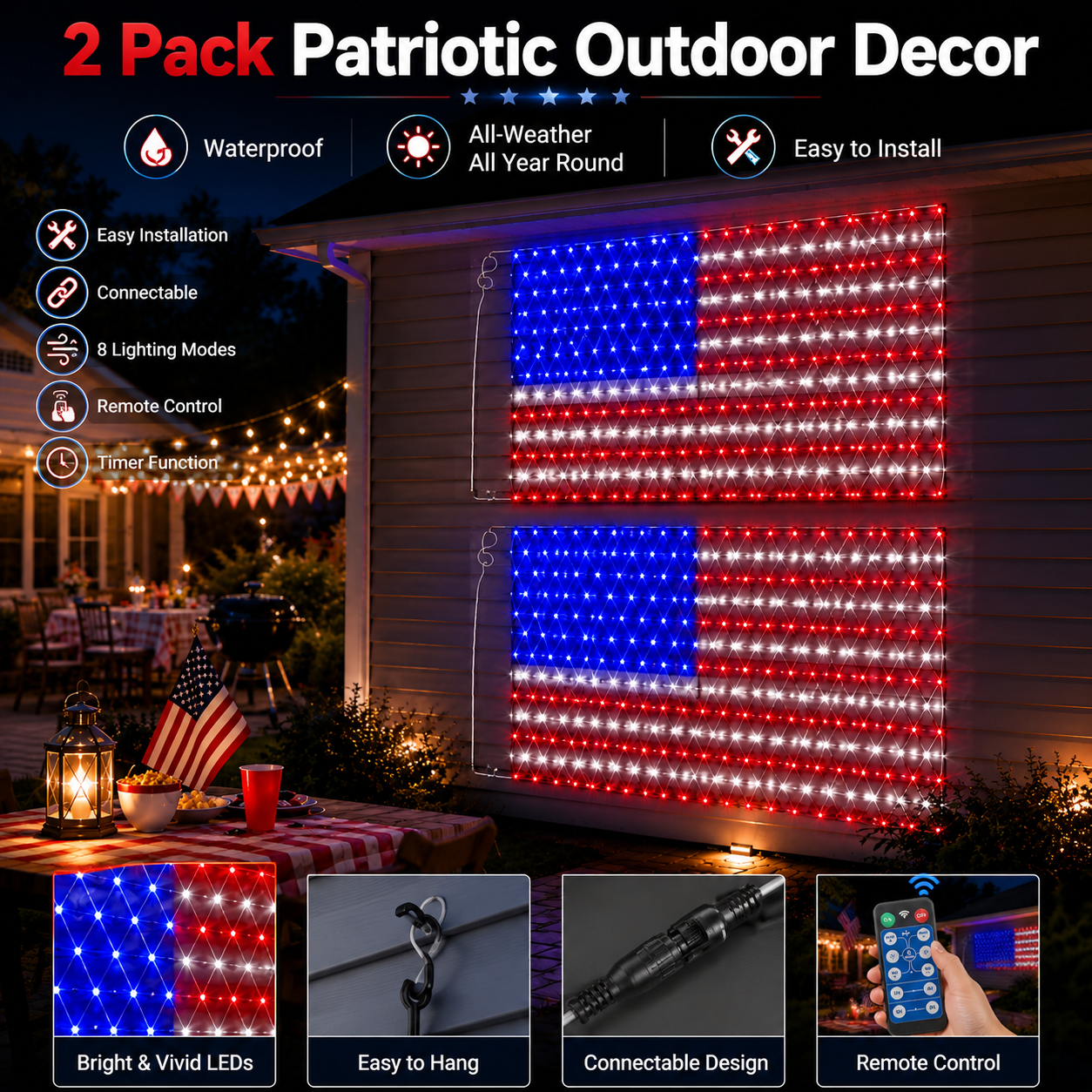 Solar Powered LED American Flag – Illuminated Waterproof Patriotic Outdoor Flag for Garage, Porch & Garden Decor