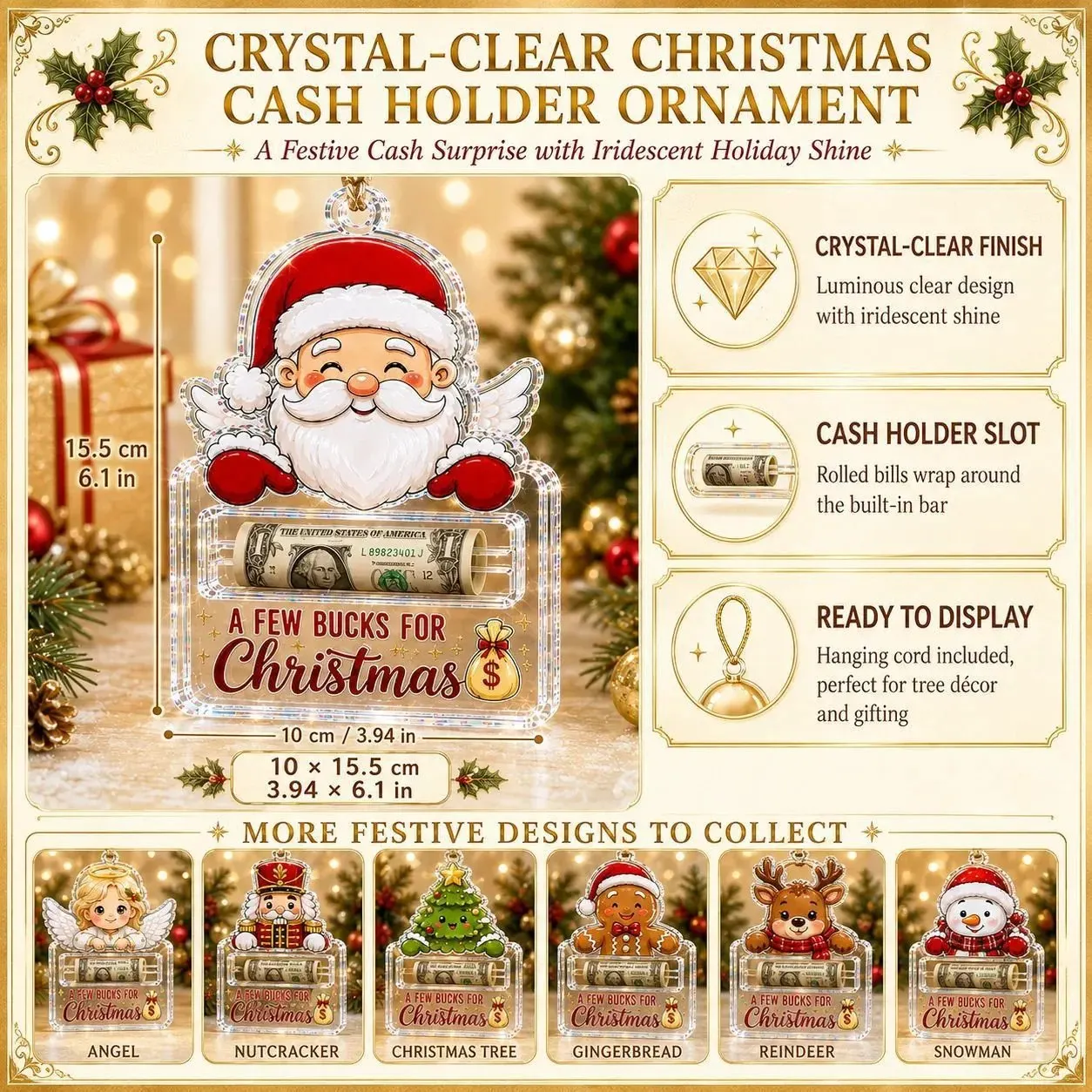 Magically Mailed A Few Bucks For ChristmasTM Crystal Acrylic Money Holder Ornament
