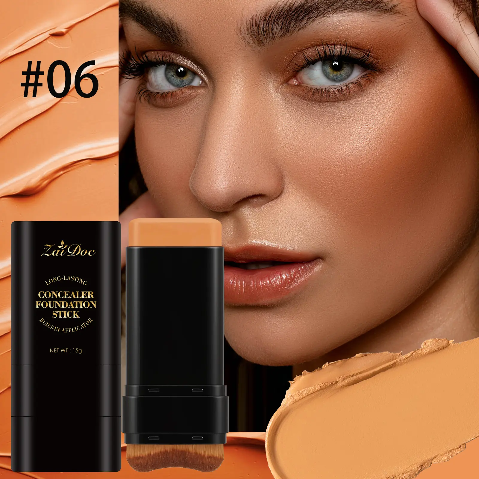 Zaidoc 2-in-1 Dual-Ended Foundation & Concealer Stick – Full Coverage, Hydrating Formula with Brush (7 Shades)