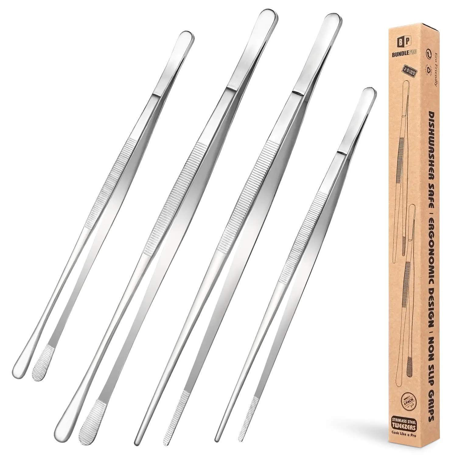 [Deals For You Days] 4 Pcs Fine Long Tweezer Tongs Professional Black Set,12'' and 10'' Stainless Steel for Kitchen Utensils , Food, Cooking, Repairing, Sea food and BBQ