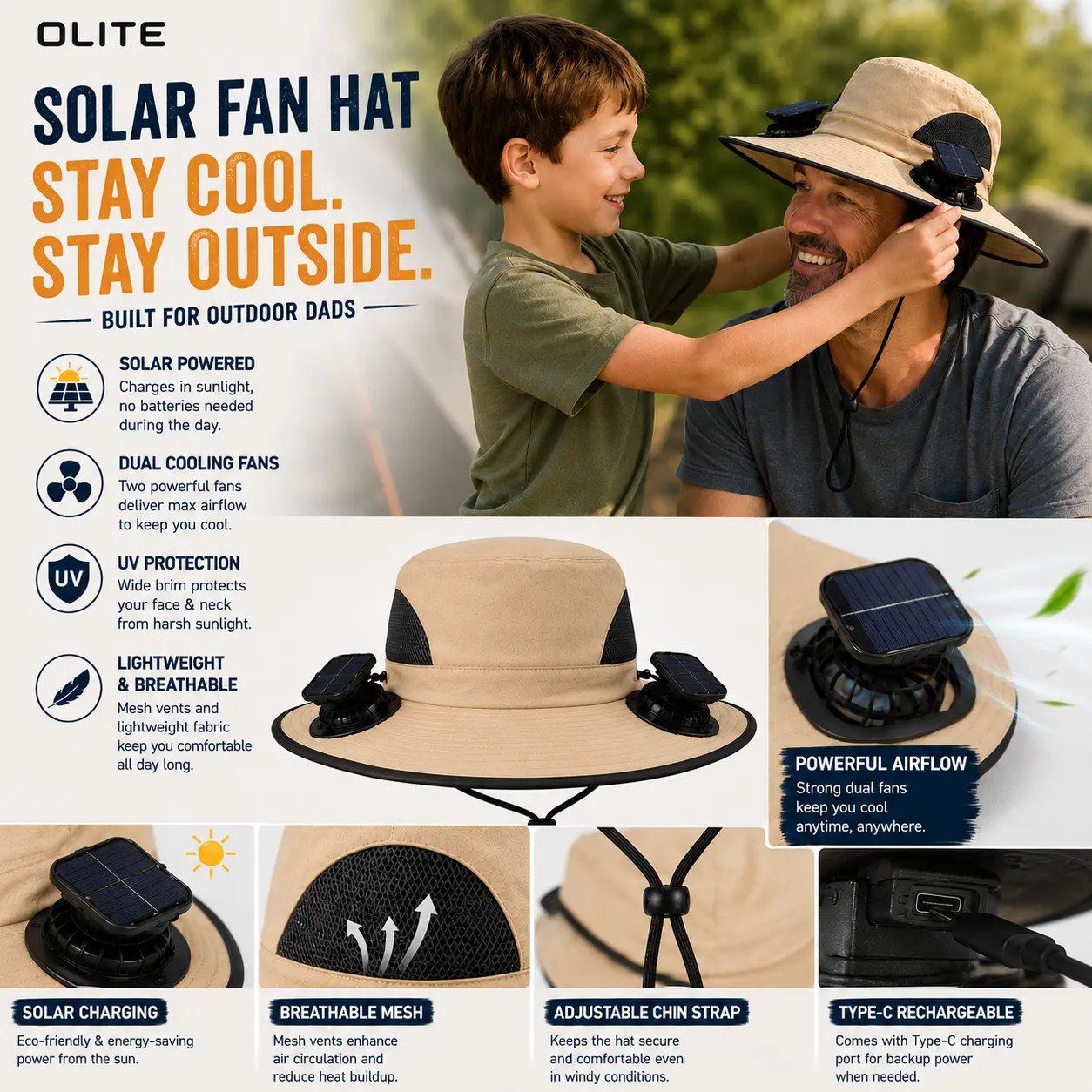 Men's Wireless Solar Fan Hat, Solid Wide Brim Sun Hat with 2 Cooling Fans & USB Charging for Fishing, Hiking - Men's Accessories, Father's Day Gift for Dad, Wireless Solar Hat