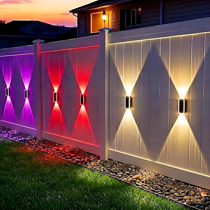 DERAYSION Solar Wall Lights Outdoor Up Down Dual-Lens, 2/4/6/10 Pack, Warm White + 7 Fixed RGB Colors & Cycle Mode, IP65 Waterproof Solar Fence Lights for Patio Garden Yard