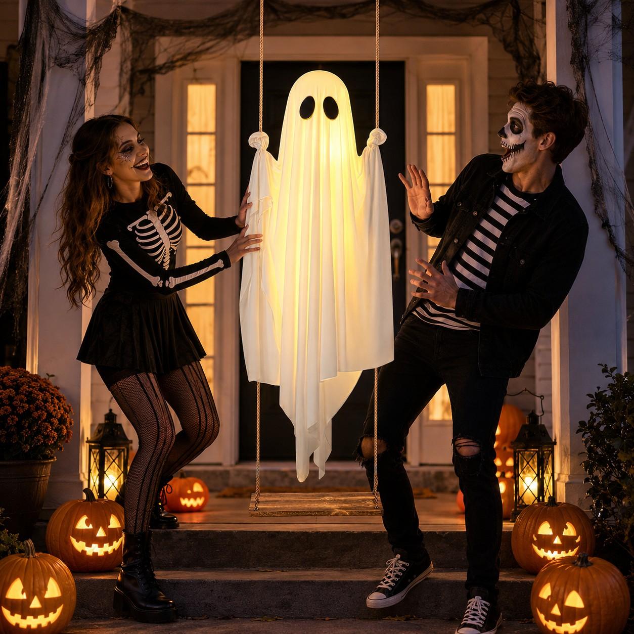 Swinging Spooky Ghost Light, Glowing Hanging Decoration, Remote Control, Battery-Powered, 8 Lighting Modes, Timer Design, Outdoor Decor #GLOBAL PICKS