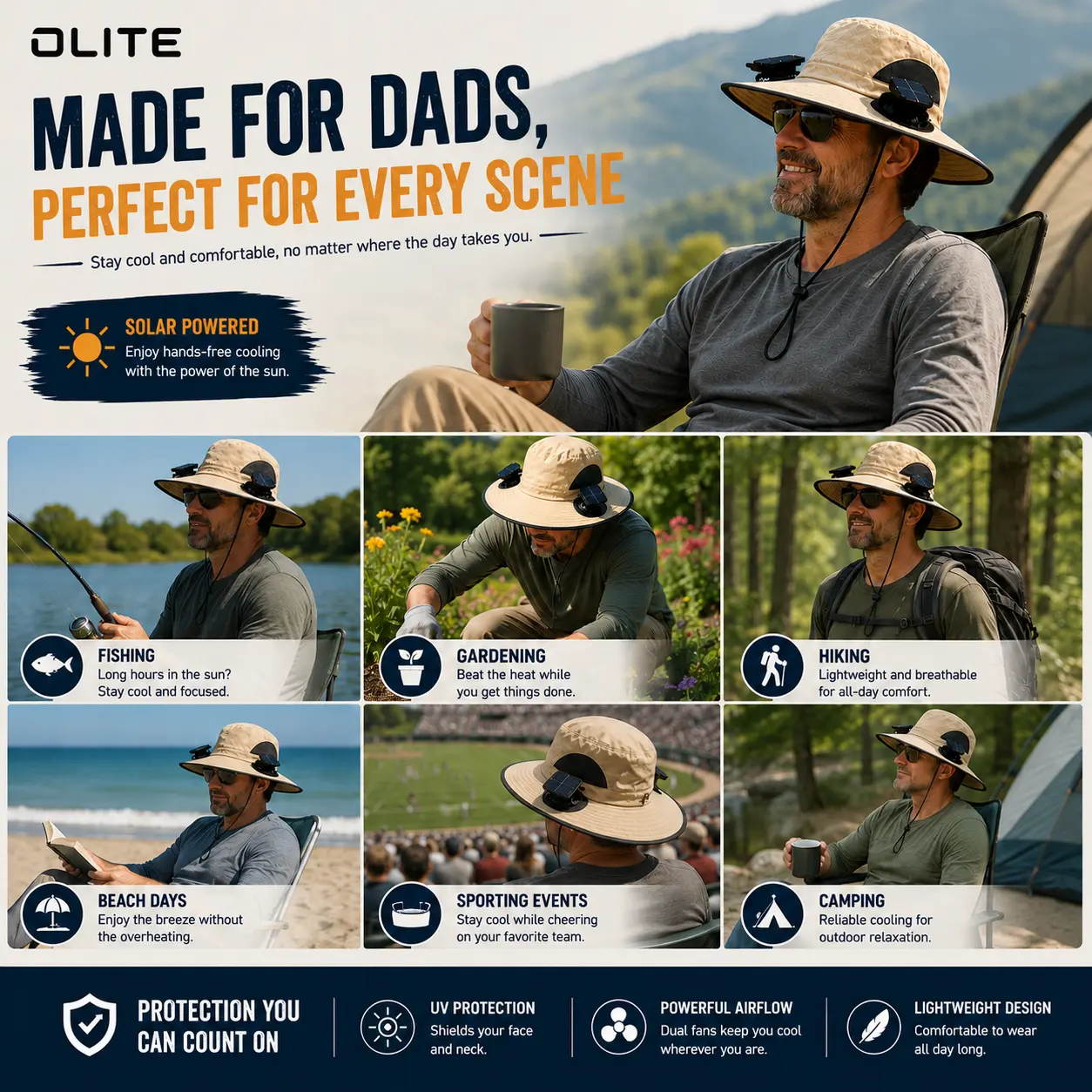Men's Wireless Solar Fan Hat, Solid Wide Brim Sun Hat with 2 Cooling Fans & USB Charging for Fishing, Hiking - Men's Accessories, Father's Day Gift for Dad, Wireless Solar Hat
