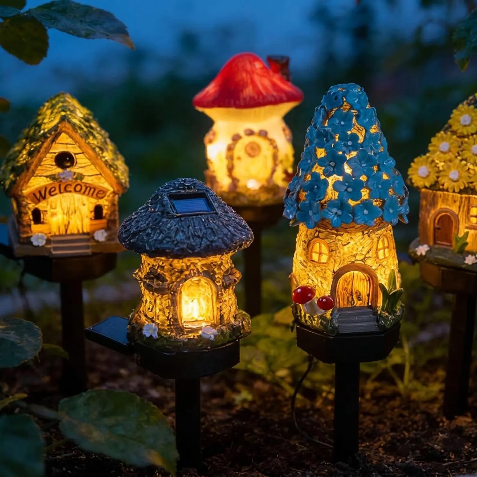 Solar Fairy House Garden Stake Light Outdoor Waterproof LED Pathway Lamp Mushroom Cottage Yard Decor Landscape Light