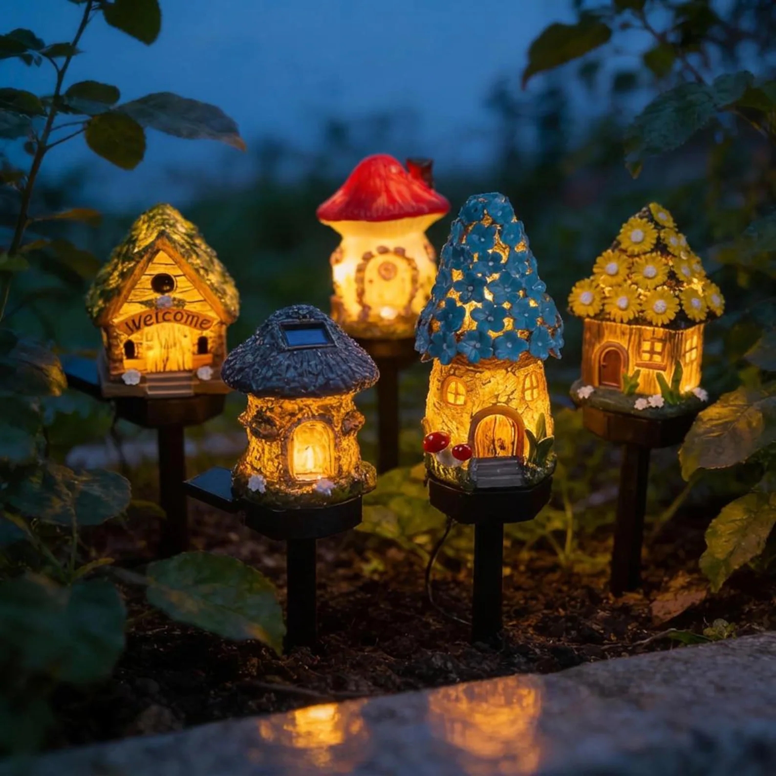 Solar Fairy House Garden Stake Light Outdoor Waterproof LED Pathway Lamp Mushroom Cottage Yard Decor Landscape Light