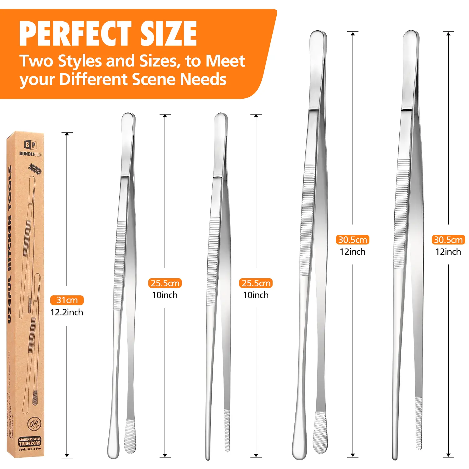 [Deals For You Days] 4 Pcs Fine Long Tweezer Tongs Professional Black Set,12'' and 10'' Stainless Steel for Kitchen Utensils , Food, Cooking, Repairing, Sea food and BBQ