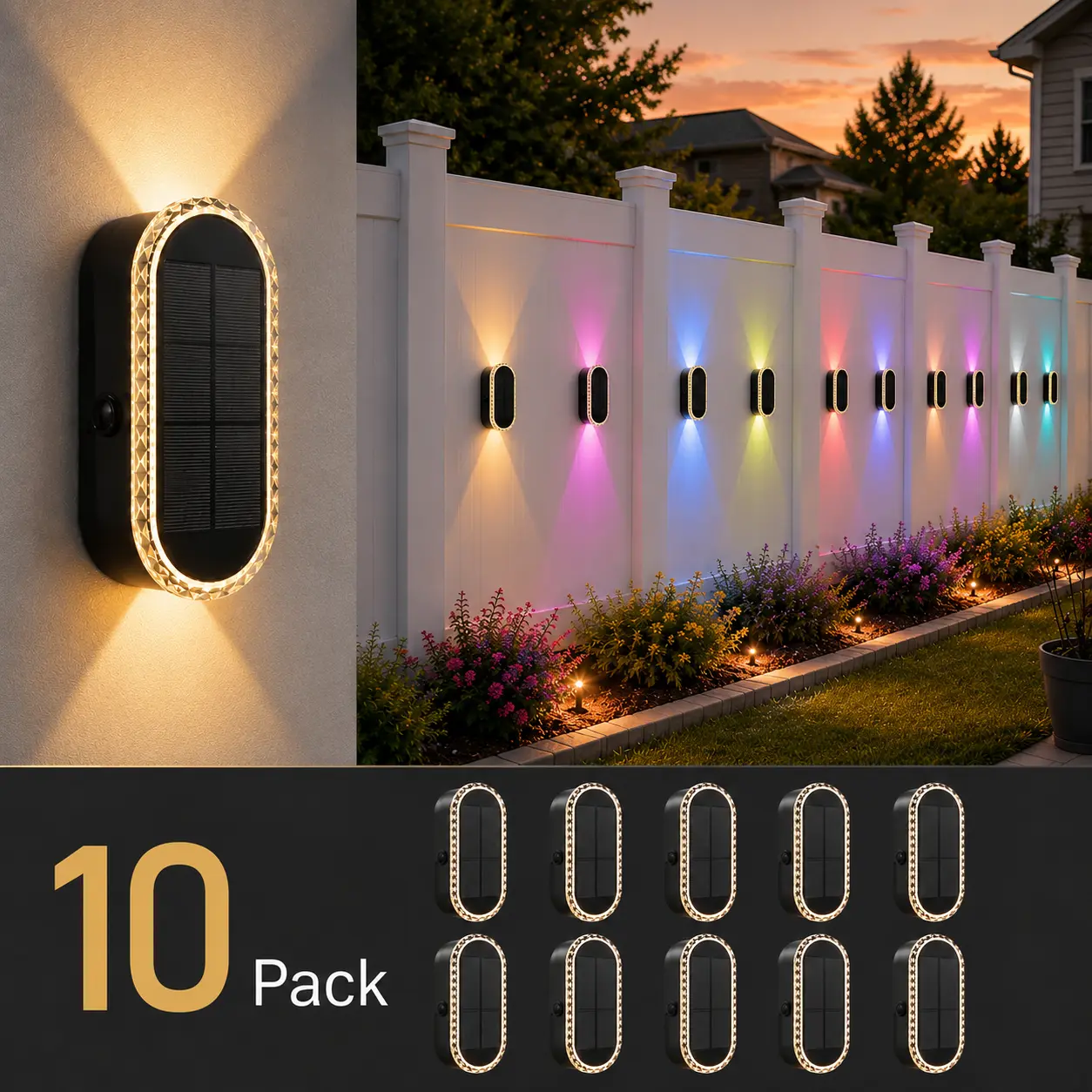 DERAYSION Solar Wall Lights Outdoor Up Down Dual-Lens, 2/4/6/10 Pack, Warm White + 7 Fixed RGB Colors & Cycle Mode, IP65 Waterproof Solar Fence Lights for Patio Garden Yard