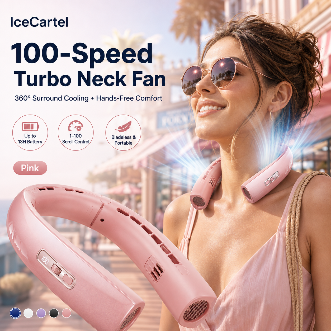IceCartel Turbo Bladeless Neck Fan – 100-Speed 360° Cooling