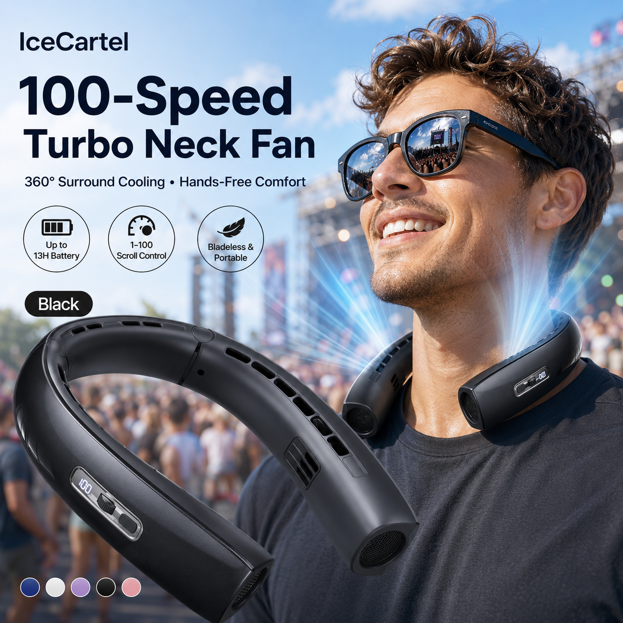 IceCartel Turbo Bladeless Neck Fan – 100-Speed 360° Cooling