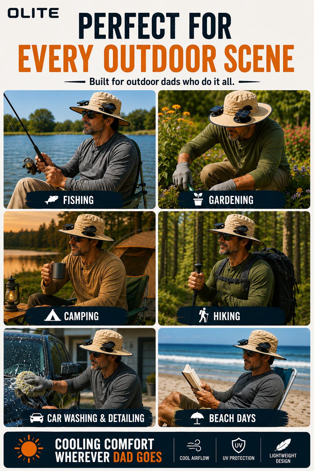 Men's Wireless Solar Fan Hat, Solid Wide Brim Sun Hat with 2 Cooling Fans & USB Charging for Fishing, Hiking - Men's Accessories, Father's Day Gift for Dad, Wireless Solar Hat