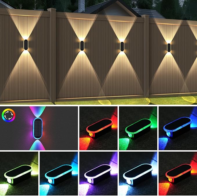 DERAYSION Solar Wall Lights Outdoor Up Down Dual-Lens, 2/4/6/10 Pack, Warm White + 7 Fixed RGB Colors & Cycle Mode, IP65 Waterproof Solar Fence Lights for Patio Garden Yard