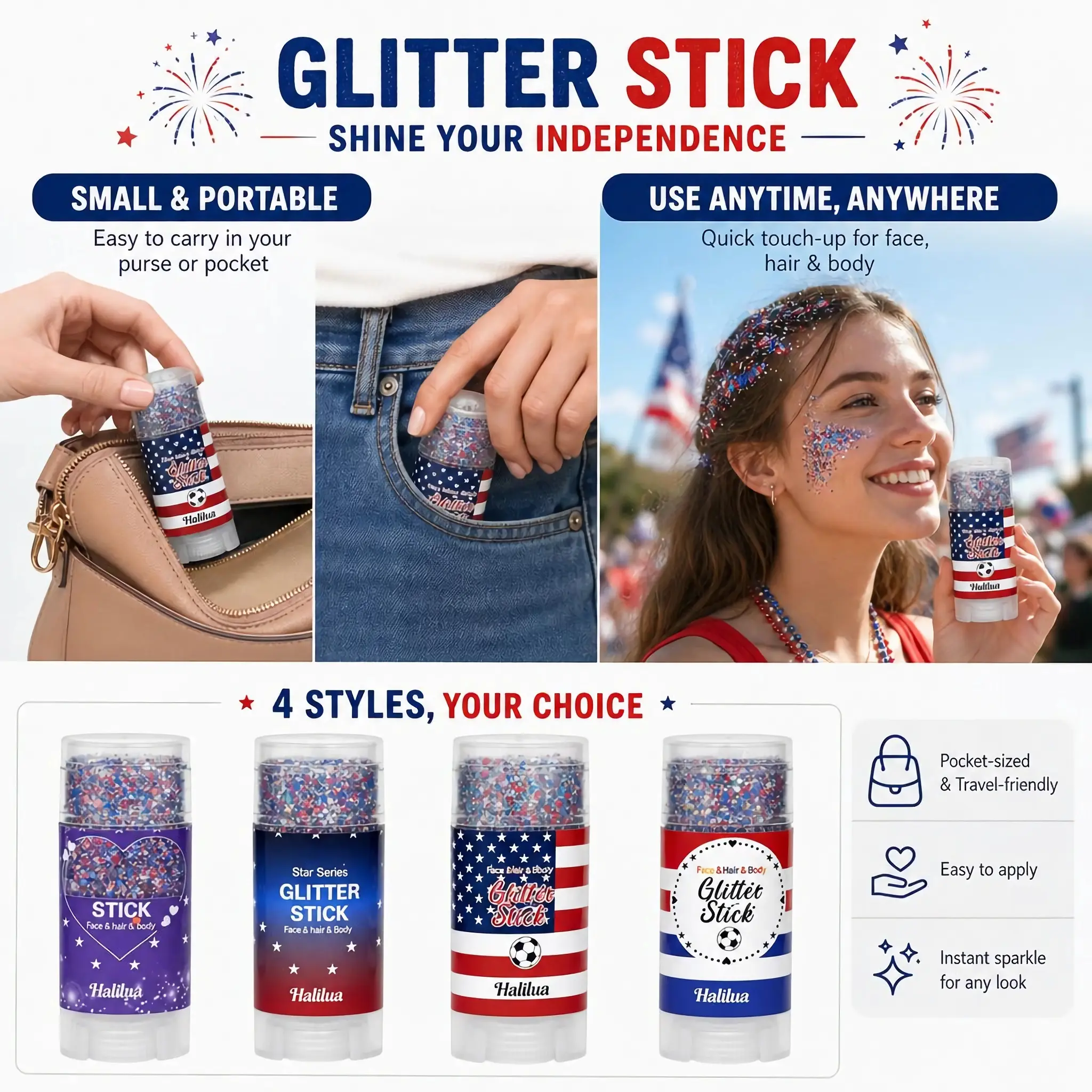 StarSpangled Glow Red, White & Blue Glitter Stick